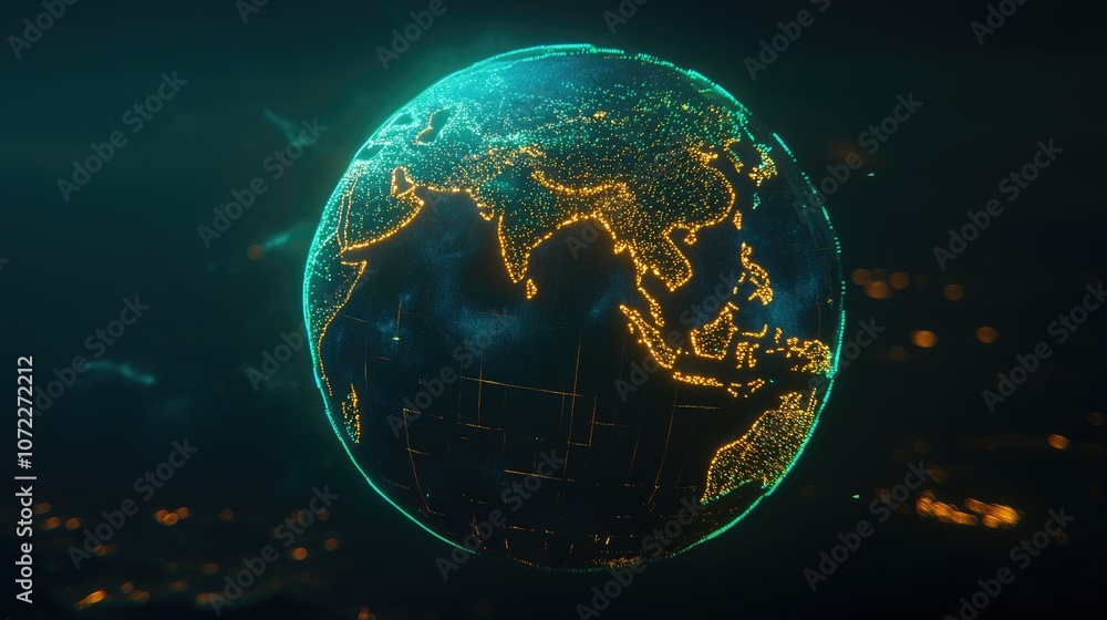 Globe with neon grid overlay, holographic style, connecting lights in green and cyan, dark backdrop, high-resolution illustration Globe with neon grid overlay, holographic style, connecting lights in green and cyan, dark backdrop, high-resolution illustration