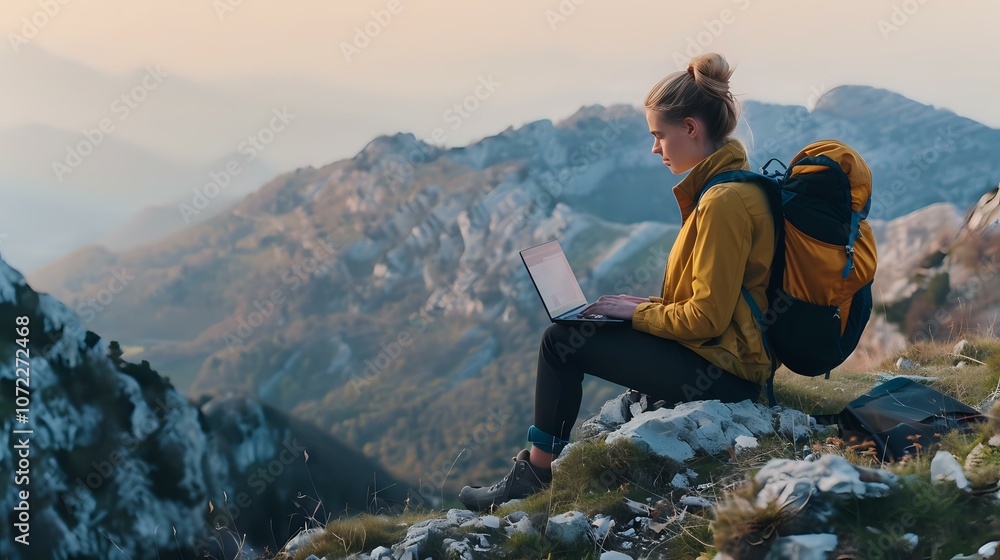 Female hiker in yellow jacket with backpack working remotely on laptop while sitting on mountain peak, capturing digital nomad lifestyle and outdoor adventure. Female hiker in yellow jacket with backpack working remotely on laptop while sitting on mountain peak, capturing digital nomad lifestyle and outdoor adventure.