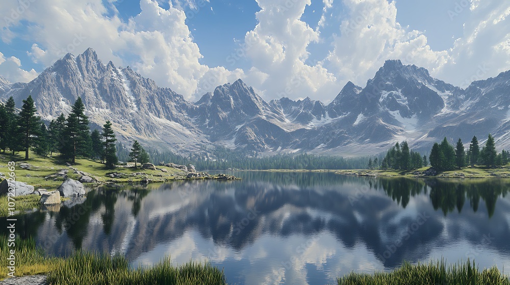 Fototapeta premium A serene landscape featuring majestic mountains reflecting in a calm lake, surrounded by lush greenery and a dramatic sky filled with clouds.