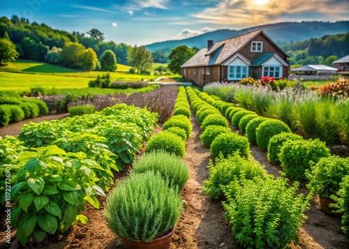 Lush Organic Herb Farm Showcasing Flourishing Basil, Rosemary, and Thyme for Culinary Wellness in a Sustainable Agricultural Setting