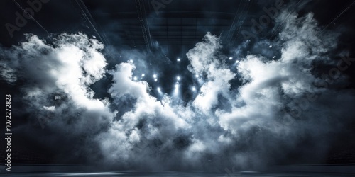 Dynamic orbital perspective of swirling smoke on arena stage, stadium spotlight rig, multiple light beams intersecting, dark void background, concert lighting atmosphere