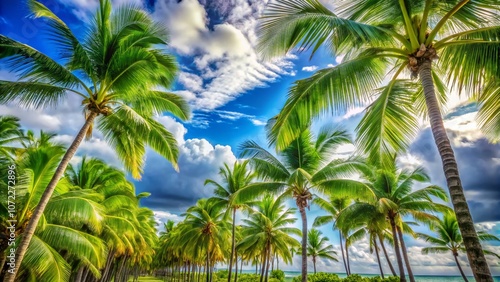 Lush Tropical Paradise with Beautiful Palm Trees Under Bright Blue Sky and Soft White Clouds, Ideal for Relaxation and Summer Vibes in Nature's Majesty