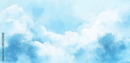 Abstract Watercolor Painting of a Blue Sky with White Clouds