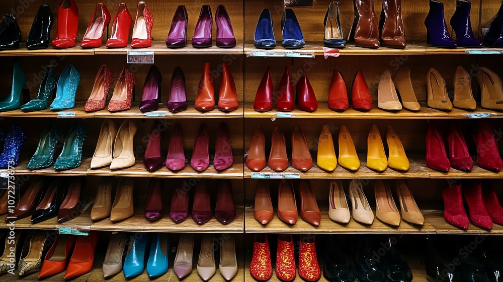 Fototapeta premium A Variety of High-Heeled Shoes on Wooden Shelves