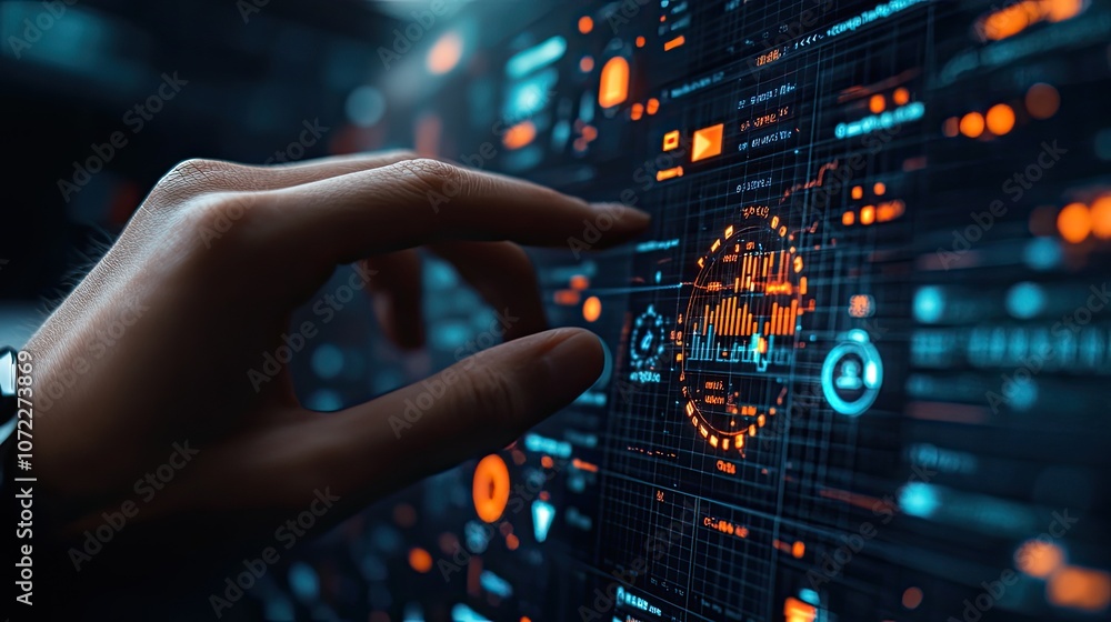 A hand interacts with a futuristic digital interface with glowing orange and blue data visualizations. A hand interacts with a futuristic digital interface with glowing orange and blue data visualizations.