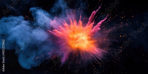 Wallpaper Mural Extreme close-up at capturing brilliant aqua, neon orange, and vivid fuchsia smoke explosion, dark matter backdrop, sharp focus on the volatile center, with wisps of smoke delicately trailing outward Torontodigital.ca