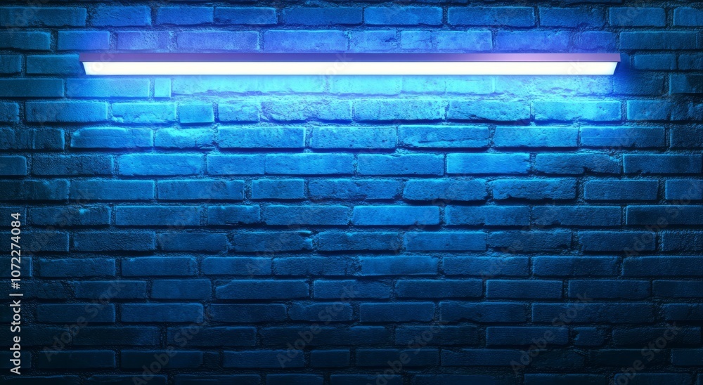 A Single Neon Light Fixture Illuminates a Blue Brick Wall A Single Neon Light Fixture Illuminates a Blue Brick Wall