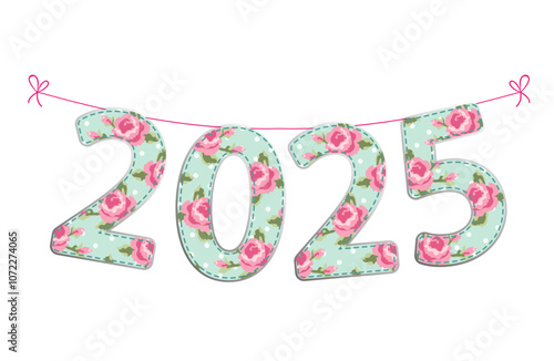 Vintage fabric numbers 2025 as patch applique bunting in shabby chic style