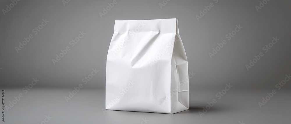 A minimalist white paper bag stands upright against a gray background, emphasizing its simple design and potential for versatile use. A minimalist white paper bag stands upright against a gray background, emphasizing its simple design and potential for versatile use.