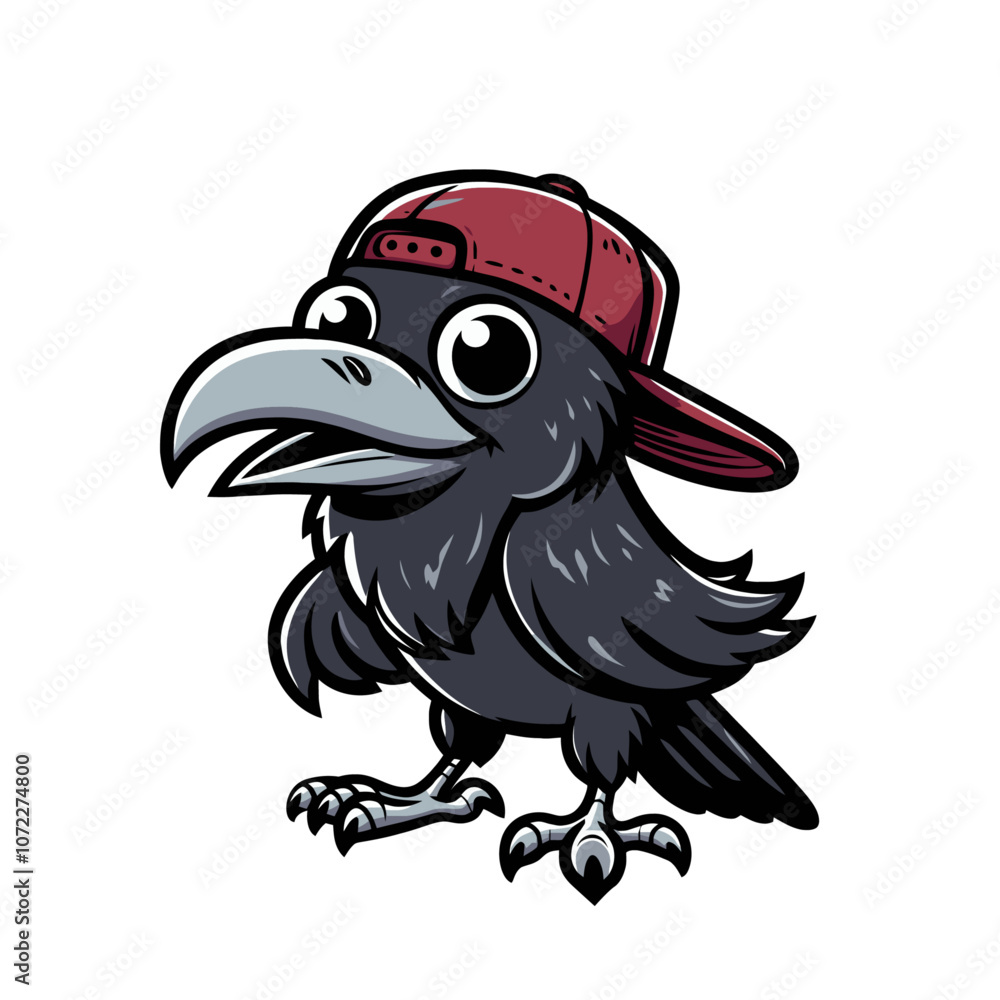Obraz premium Crow or raven cartoon character mascot in baseball cap. Isolated vector illustration