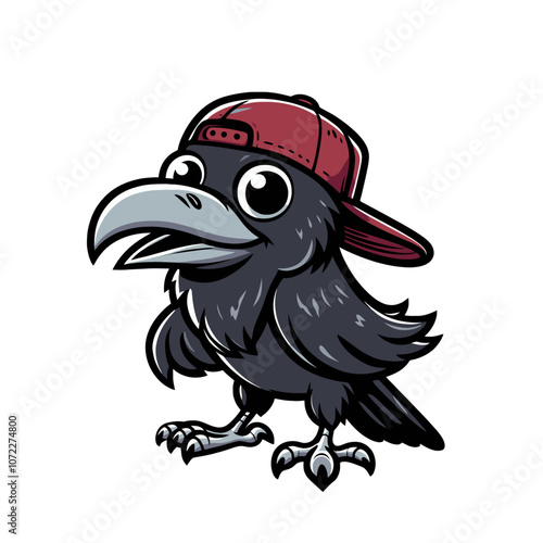 Crow or raven cartoon character mascot in baseball cap. Isolated vector illustration