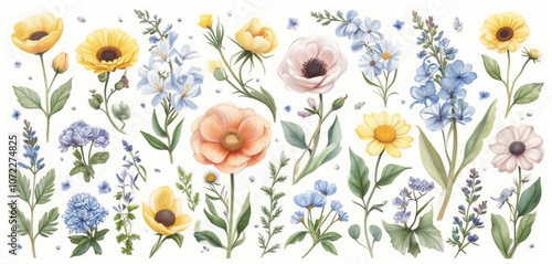 Watercolor wildflowers in yellow, blue, and white tones photo