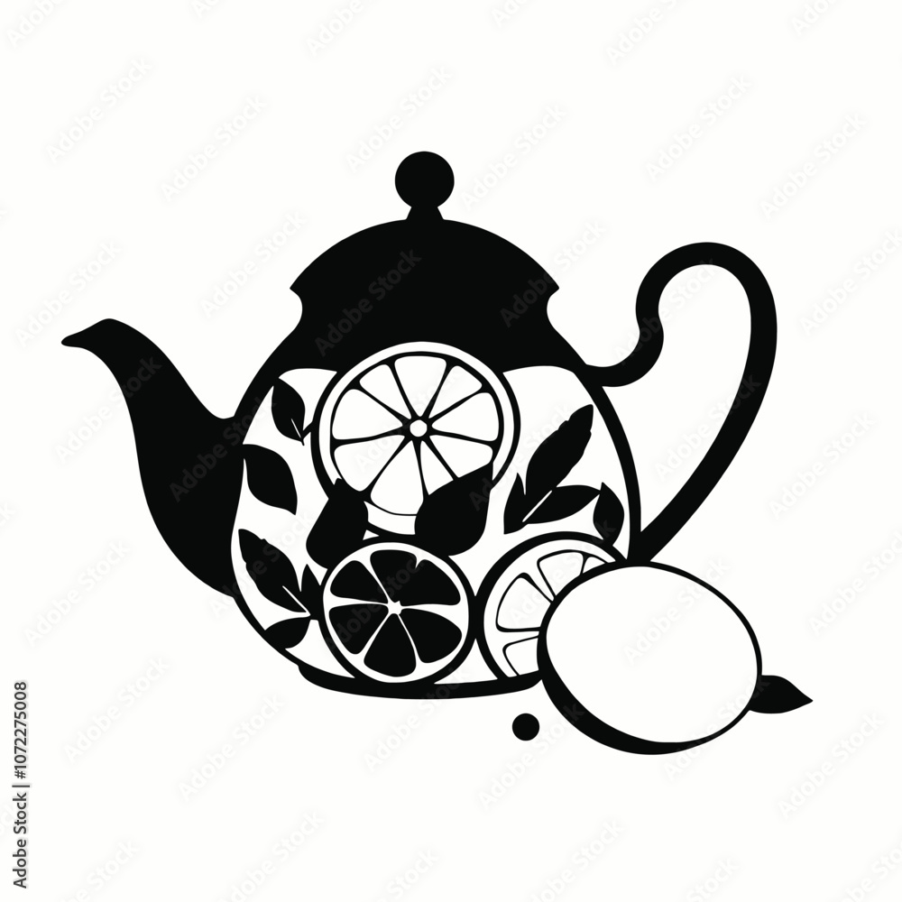 Fototapeta premium a teapot with a black. The body of the tea pot is decorated with a design of lemon slices and mint leaves