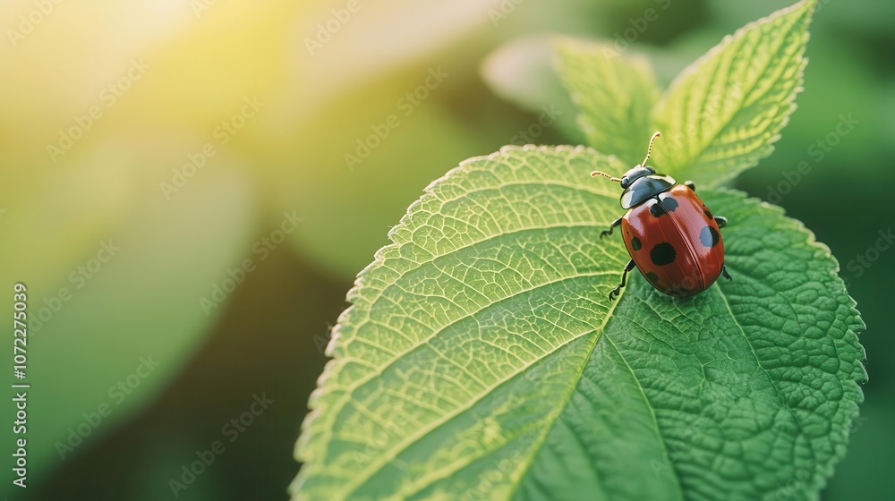 Closeup of a ladybug on a bright green leaf, sunlight illuminating the tiny creature, soft forest background Closeup of a ladybug on a bright green leaf, sunlight illuminating the tiny creature, soft forest background