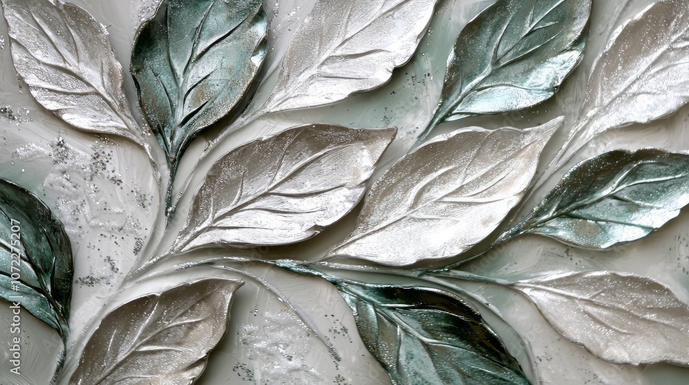 Obraz premium Elegant silver and green metallic leaves on a textured, frosted background with delicate sparkle accents, creating a luxurious, wintery aesthetic. AI generative.