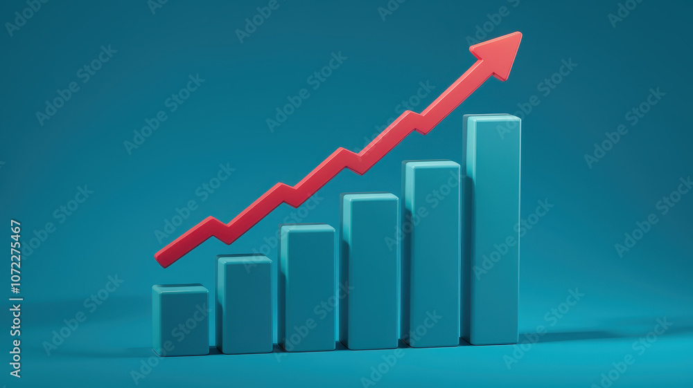 A vibrant 3D bar chart in blue with a striking red upward arrow, symbolizing growth and success in a business or financial context. A vibrant 3D bar chart in blue with a striking red upward arrow, symbolizing growth and success in a business or financial context.