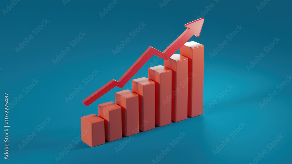 3D representation of a rising bar chart with a red arrow indicating growth and success, showcasing progress in finance or business. 3D representation of a rising bar chart with a red arrow indicating growth and success, showcasing progress in finance or business.