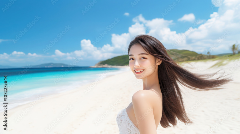 Asian Young Woman Enjoying on a Beach Seaside Summer Vacation 16:9 Asian Young Woman Enjoying on a Beach Seaside Summer Vacation 16:9