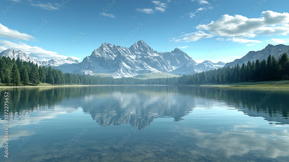 A serene landscape featuring a calm lake reflecting majestic mountains and a clear blue sky, surrounded by lush forests. A serene landscape featuring a calm lake reflecting majestic mountains and a clear blue sky, surrounded by lush forests.