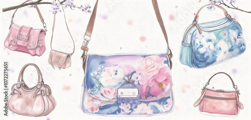 Seamless pattern of colorful handbags in pastel tones with floral designs