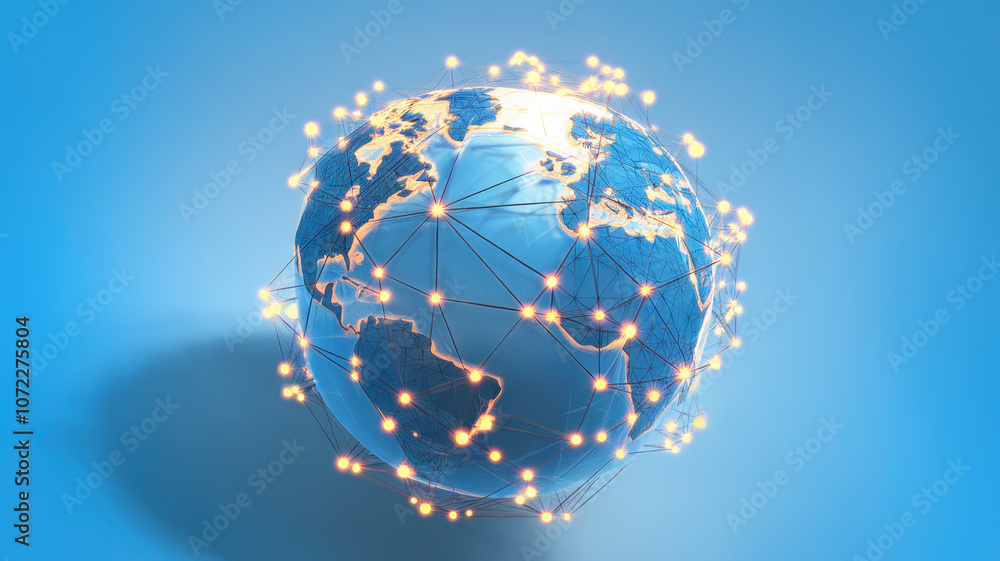 Naklejka premium A stylized globe representing global connectivity with luminous network lines and digital connections on a vibrant blue background.