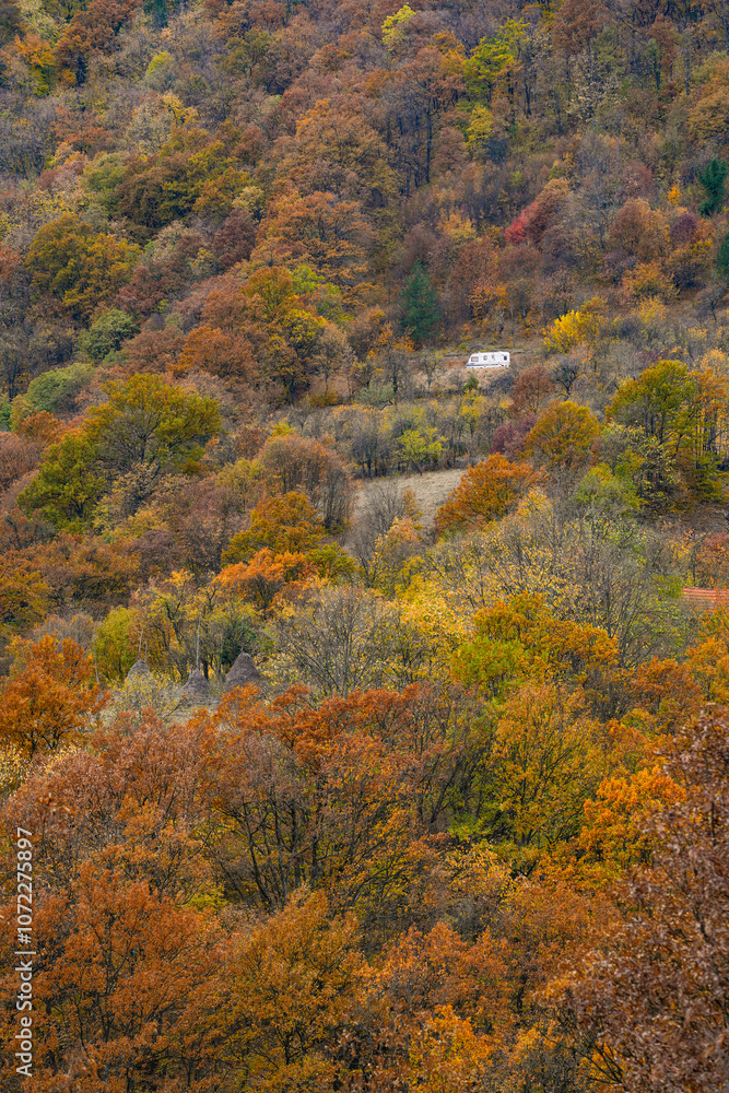 Image of a distant motor home caravan in the mountain forest, in autumn vibrant woodland foliage colours. Vacation weekend concept. Image of a distant motor home caravan in the mountain forest, in autumn vibrant woodland foliage colours. Vacation weekend concept.