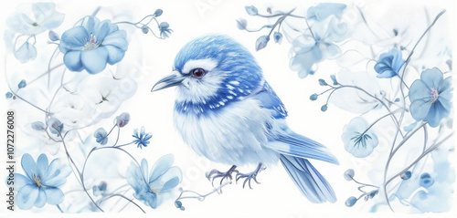 Watercolor illustration of a bluebird perched on a floral branch photo