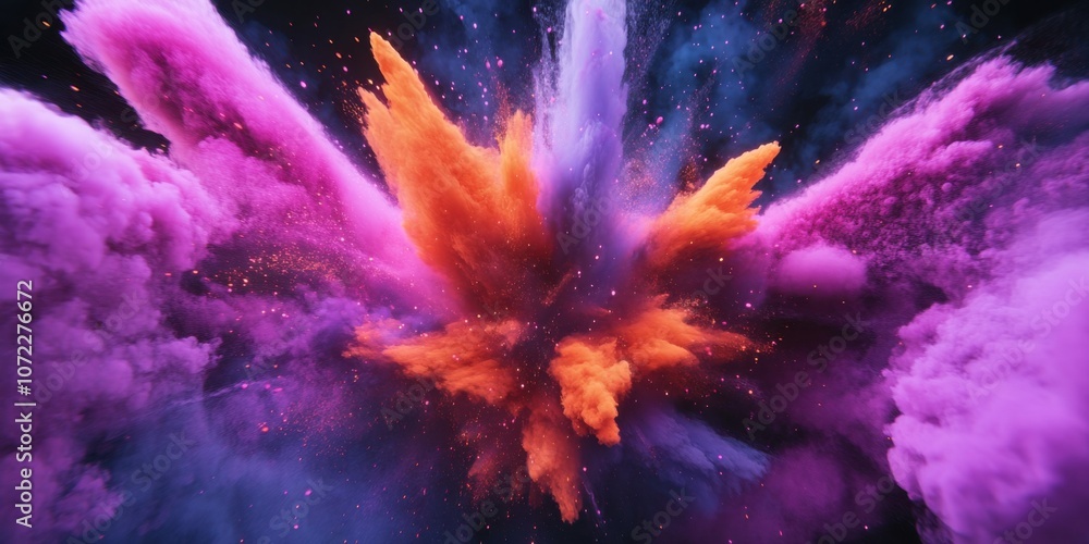 Low-angle shot at capturing brilliant aqua, neon orange, and vivid fuchsia smoke explosion, dark matter backdrop, sharp focus on the turbulent center, dynamic upward flow of smoke Low-angle shot at capturing brilliant aqua, neon orange, and vivid fuchsia smoke explosion, dark matter backdrop, sharp focus on the turbulent center, dynamic upward flow of smoke