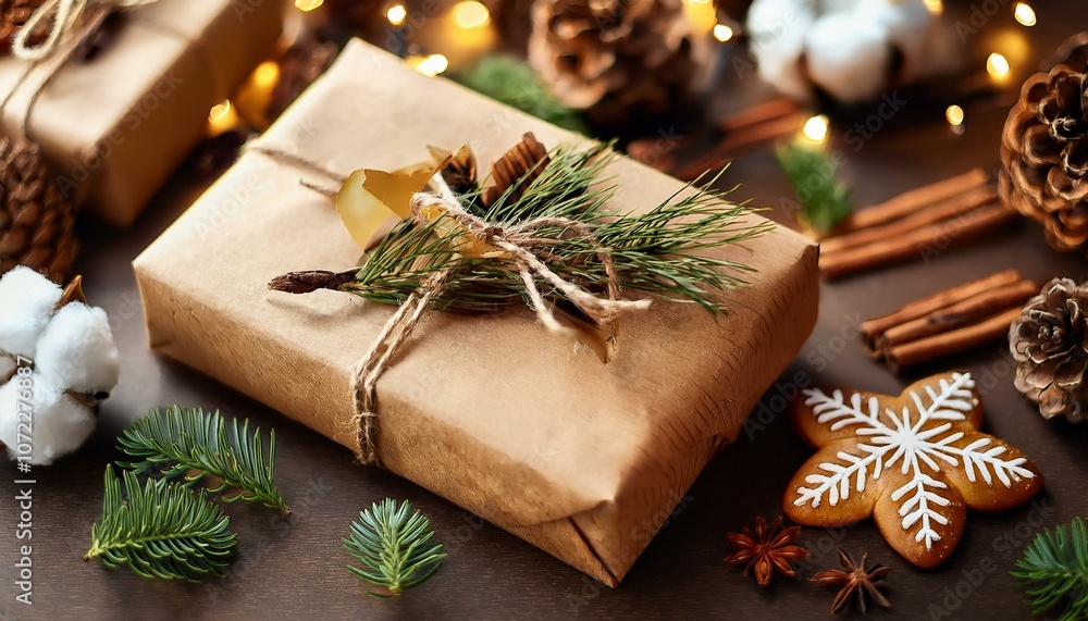 Stylish rustic christmas gifts with cedar branches and cinnamon decoration on background of golden lights, pine cones, gingerbread cookies and cotton. Merry Christmas. Wrapping gifts Stylish rustic christmas gifts with cedar branches and cinnamon decoration on background of golden lights, pine cones, gingerbread cookies and cotton. Merry Christmas. Wrapping gifts