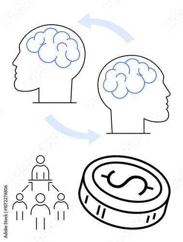 Two heads with brains exchanging ideas via arrows above a coin and a hierarchical team structure. Ideal for education, finance, collaboration, teamwork, idea sharing, communication, and leadership