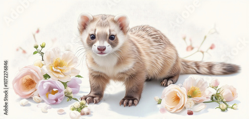 Watercolor illustration of a ferret with floral decorations and soft tones photo