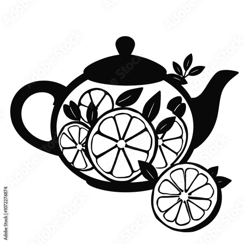 a teapot with a black. The body of the tea pot is decorated with a design of lemon slices and mint leaves