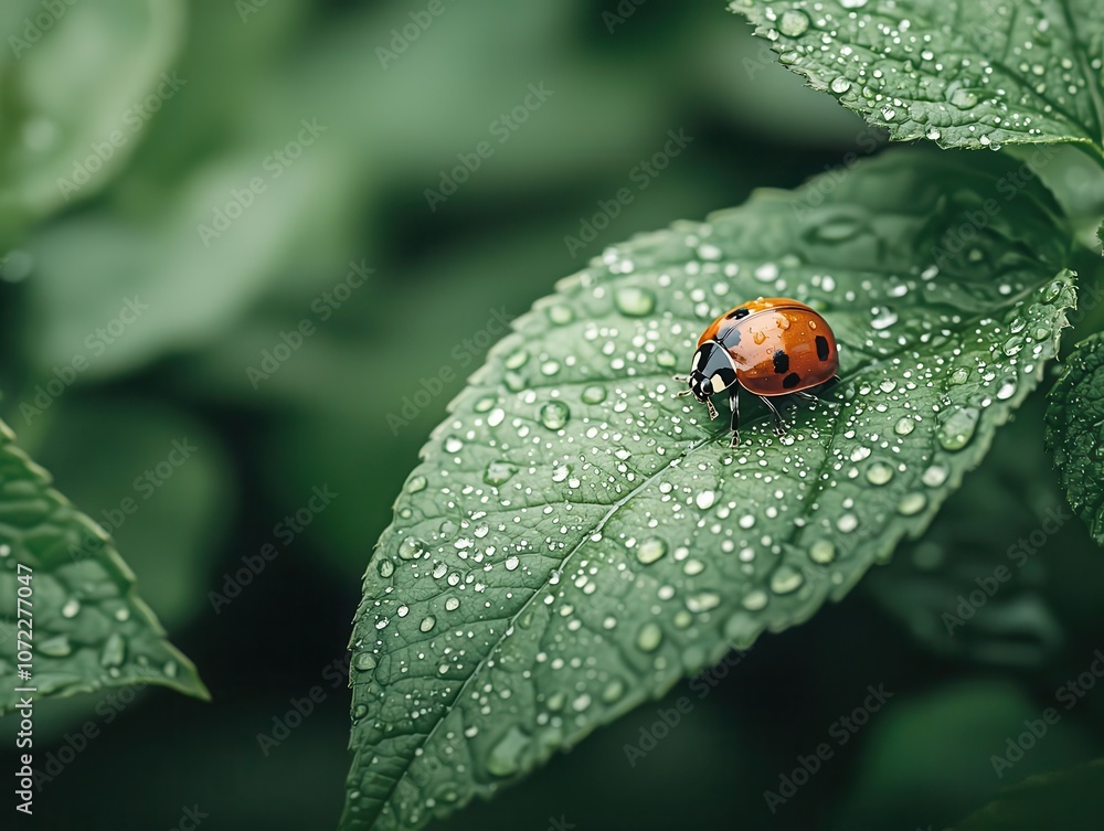 Closeup of a ladybug on a green leaf, dewdrops on the leaf, natural forest environment in the background Closeup of a ladybug on a green leaf, dewdrops on the leaf, natural forest environment in the background