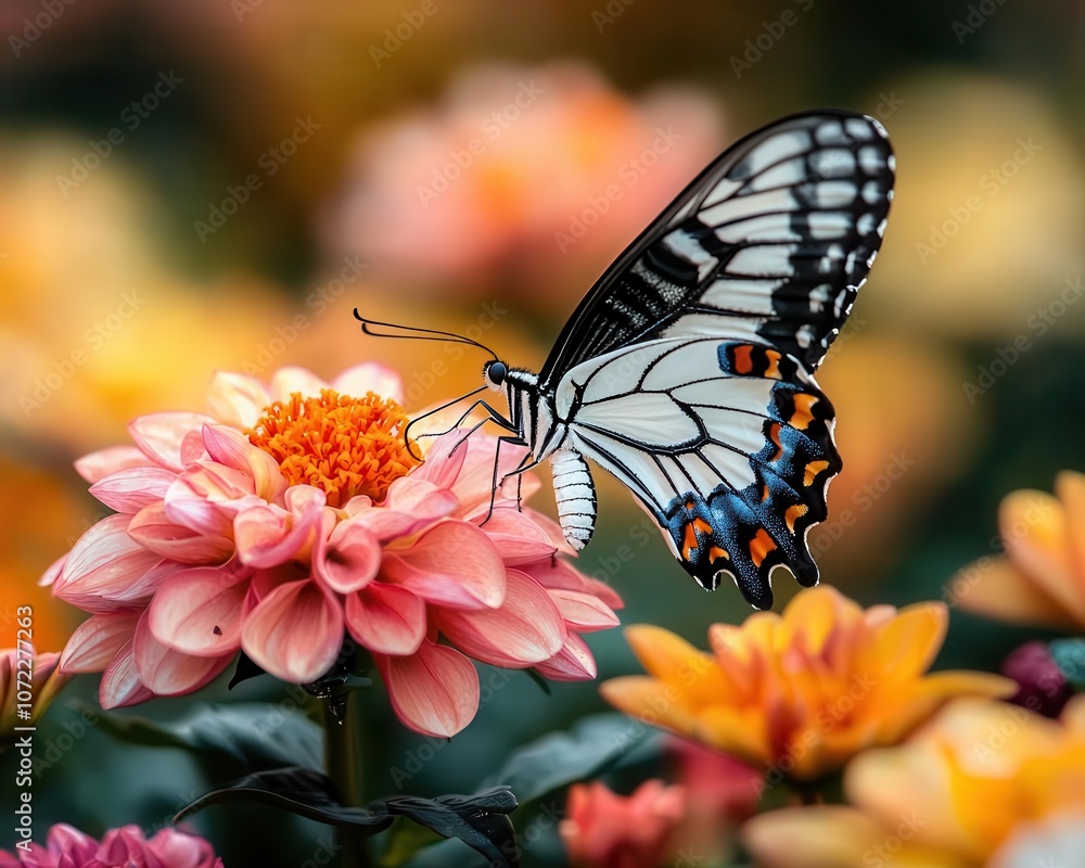 Naklejka premium A closeup of a butterfly feeding on nectar, surrounded by a cluster of colorful flowers in a sunlit garden