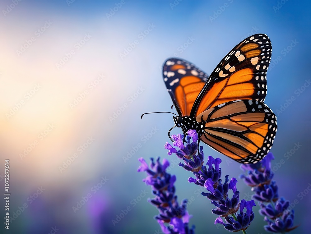 Obraz premium Butterfly resting on a purple lavender flower, soft sunlight illuminating its wings, serene garden setting