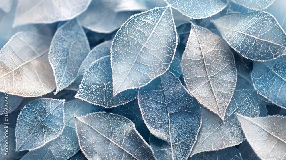 Obraz premium Close-up of frosted blue leaves with delicate veins, creating a crisp, wintry aesthetic. The intricate details and cool tones evoke a serene, icy feel. AI generative.