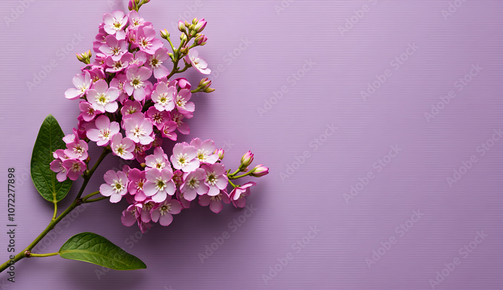 Pink blossoms with green leaves on a lilac background and copy space for text Pink blossoms with green leaves on a lilac background and copy space for text