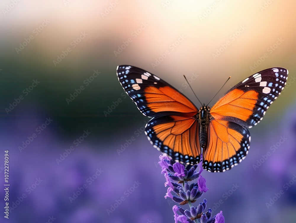 Obraz premium Butterfly resting on a purple lavender flower, soft sunlight illuminating its wings, serene garden setting