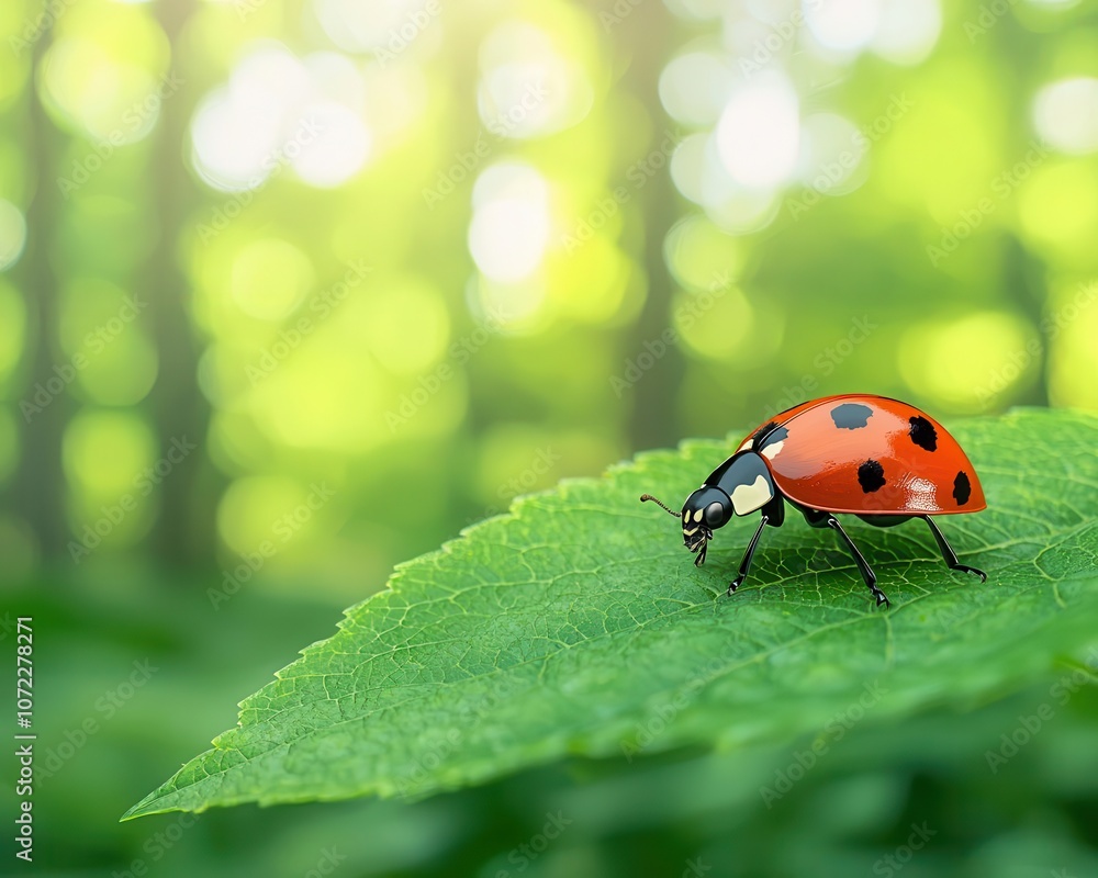 Fototapeta premium A ladybug walking across a leaf, soft light filtering through trees, tranquil woodland setting