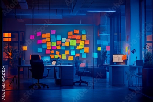 Colorful Office with Sticky Notes in Low Light Setting