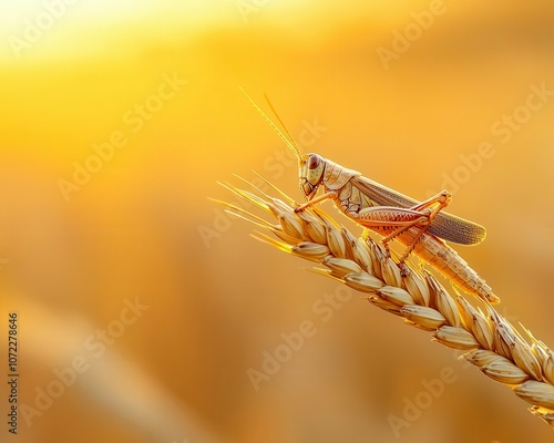 Closeup of a grasshopper on a stalk of wheat, golden sunlight and blurred background of a field photo