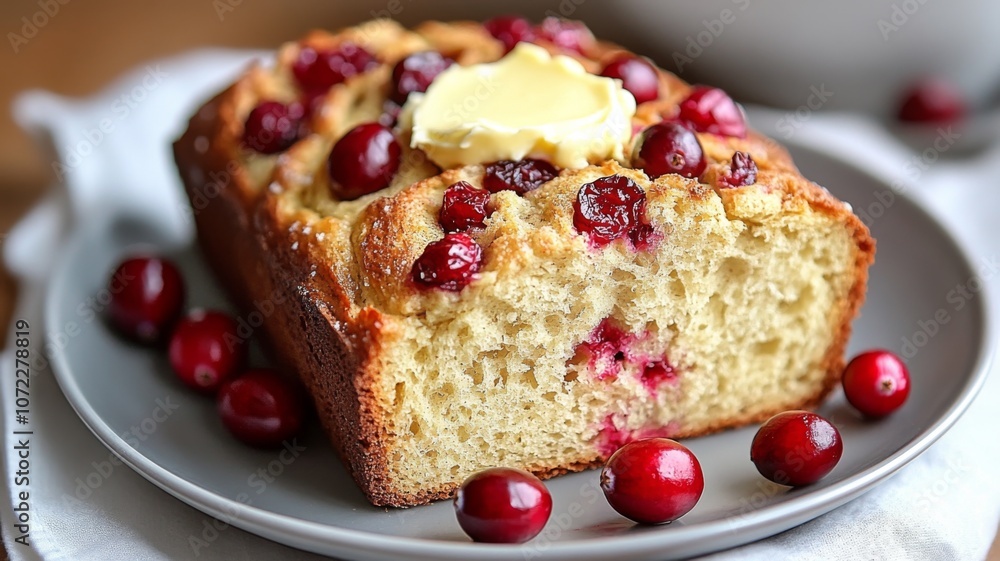 Cranberry and Butter Bread Loaf on a Grey Plate Cranberry and Butter Bread Loaf on a Grey Plate