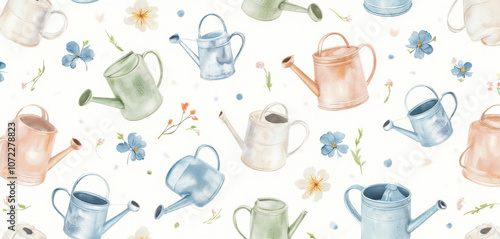 Seamless pattern of teapots and cups in soft pastel tones with floral accents photo