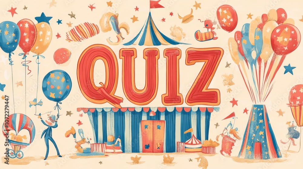 Carnival Quiz Time: A whimsical and colorful illustration evokes the excitement of a carnival quiz, with a big red Carnival Quiz Time: A whimsical and colorful illustration evokes the excitement of a carnival quiz, with a big red
