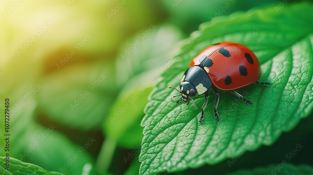 Obraz premium Closeup of a ladybug on a bright green leaf, sunlight illuminating the tiny creature, soft forest background