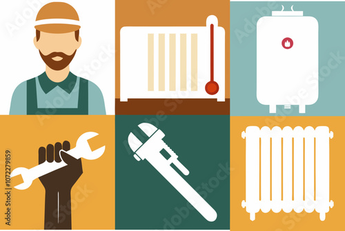 Plumber with radiator, wrench, and boiler icons in a colorful graphic collage