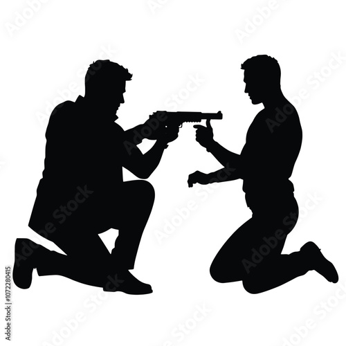 A vector silhouette of a man kneeling and aiming a gun, facing another man who is also aiming back in a tense standoff