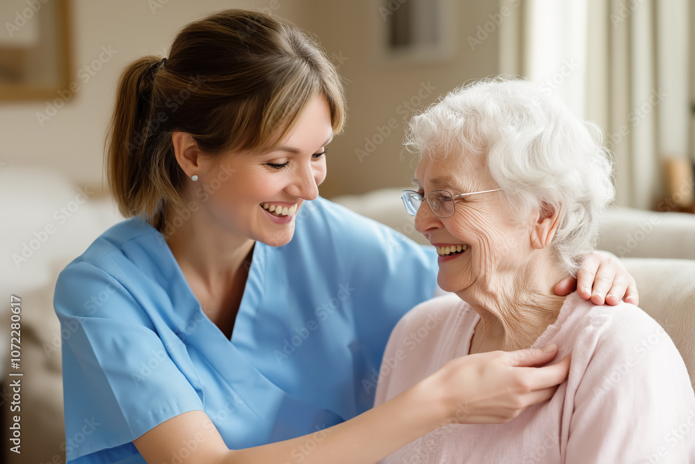 A young caregiver in blue scrubs shares a warm smile with an elderly woman, fostering a bond of trust and companionship in a cozy home setting A young caregiver in blue scrubs shares a warm smile with an elderly woman, fostering a bond of trust and companionship in a cozy home setting