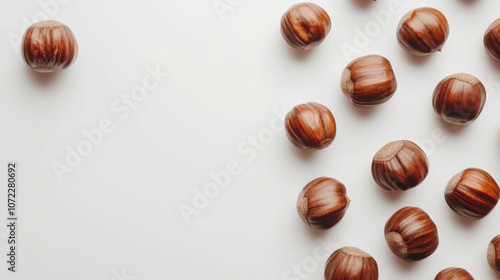 Wallpaper Mural Hazelnut Harmony: A minimalist flat lay featuring a scattering of hazelnuts against a clean backdrop.  The composition creates a sense of natural elegance and simplicity. Torontodigital.ca
