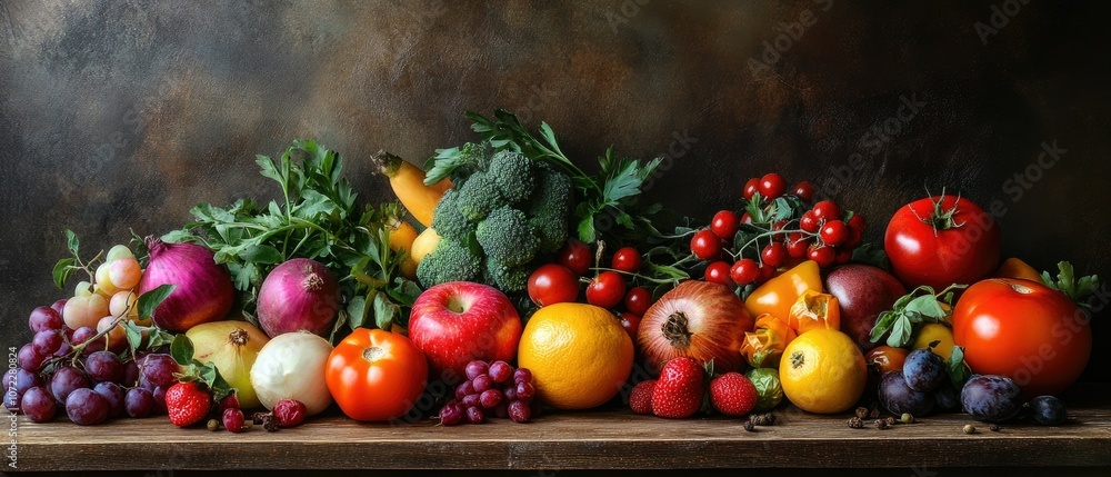 A bountiful display of fresh fruits and vegetables, including tomatoes, apples, plums, grapes, onions, and more, arranged on a rustic wooden table. A bountiful display of fresh fruits and vegetables, including tomatoes, apples, plums, grapes, onions, and more, arranged on a rustic wooden table.